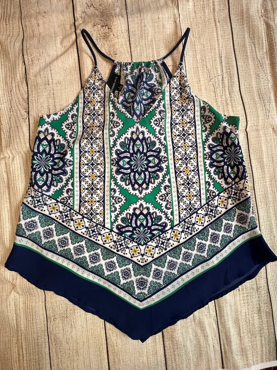 Tops - Fortune + Ivy Saira Handkerchief Blouse Green Navy Scarf Print Size Small